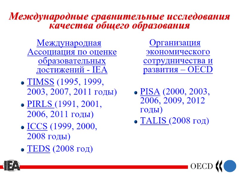 Международные сравнительные исследования качества общего образования Международная Ассоциация по оценке образовательных достижений - IEA